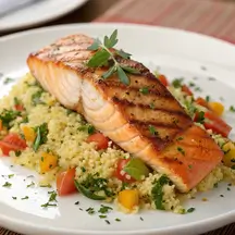 Grilled salmon fillet served with herbed couscous, lemon slices, and fresh greens on a white plate.