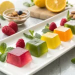 Colorful homemade gelatin cubes for weight loss made with lemon, berries, and green tea, arranged on a white plate