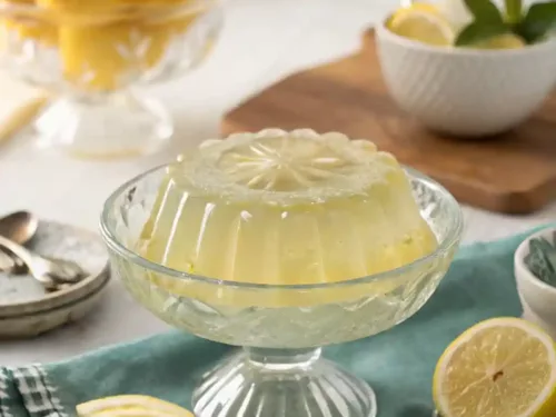 Lemon gelatin weight loss dessert in glass bowl with fresh lemon slices on kitchen table